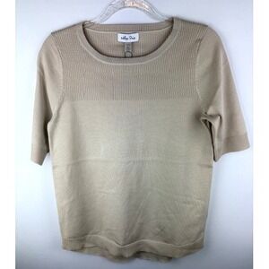 Melissa Paige Knit Top Medium Cream Stone Ribbed Short Sleeve Chic Preppy Modern